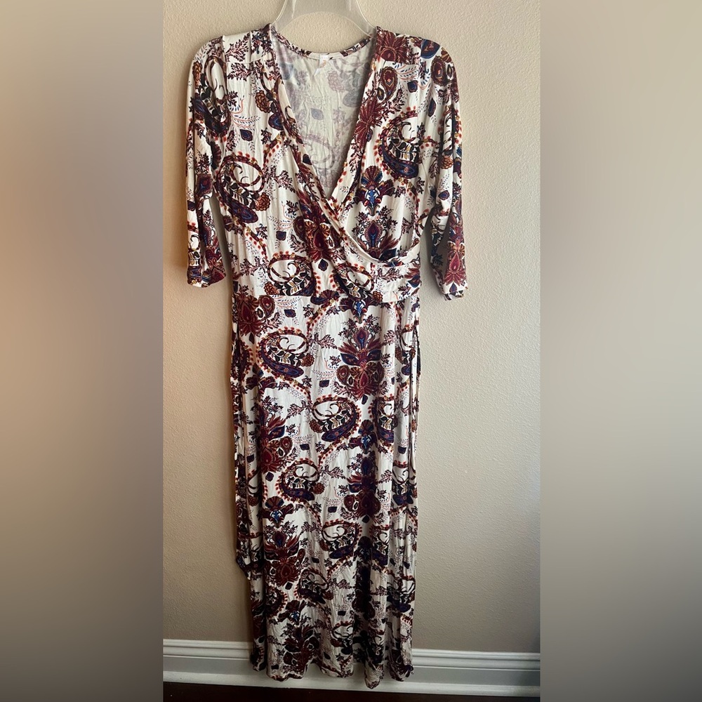 Popana Wrap Maxi Dress in Ivory and Burgundy Paisley